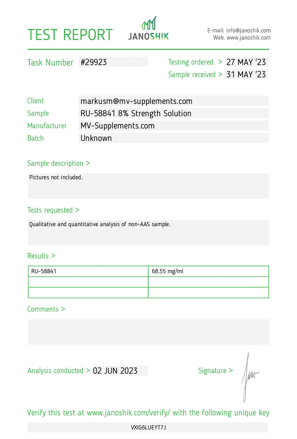 Buy Ru58841 Europe Janoshik Lab test